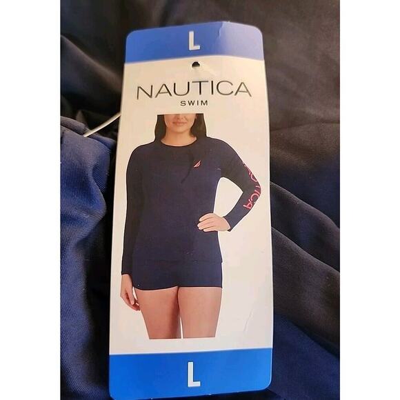 NWT Nautica Women's UPF 30+ Long Sleeve Beach Rash Guard Swim Top Dark Blue - Picture 3 of 6